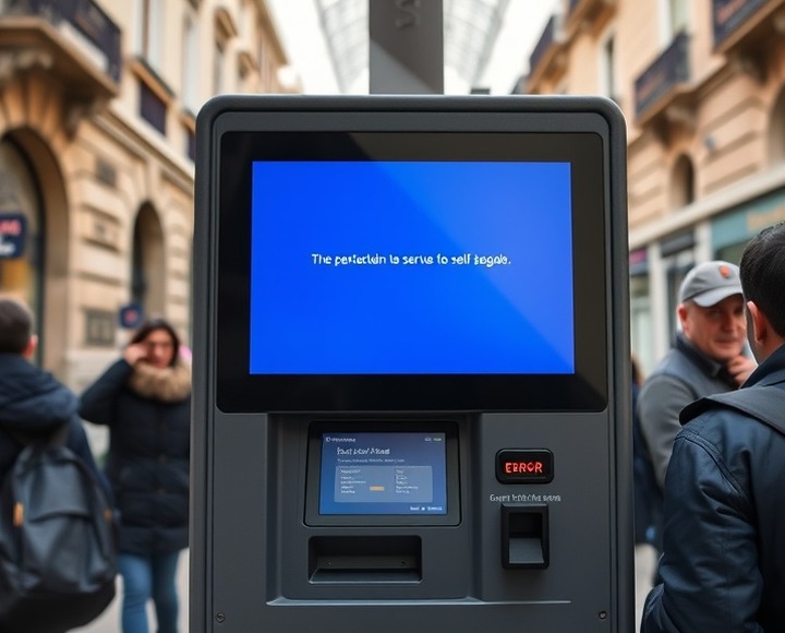 Antes — Terminal bloqueado por un error de aplicación y fuera de servicio.